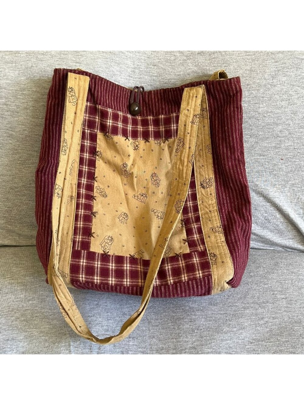 Honey & Me Inc Patchwork Tote Bag With Burgundy Plaid & Angel Print Pattern